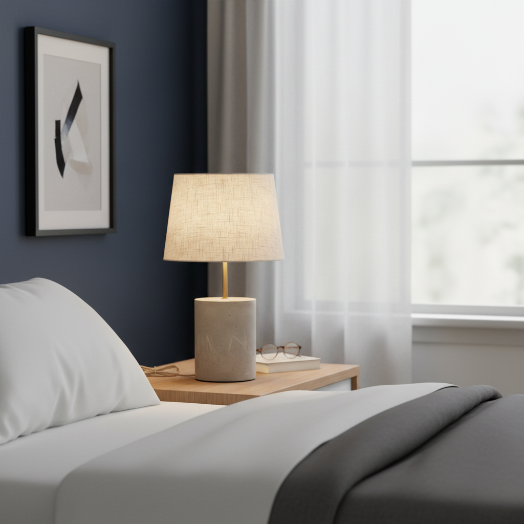 Table Lamp with Cement Base and White Beige Textile Shade for Indoor and Covered Outdoor Use