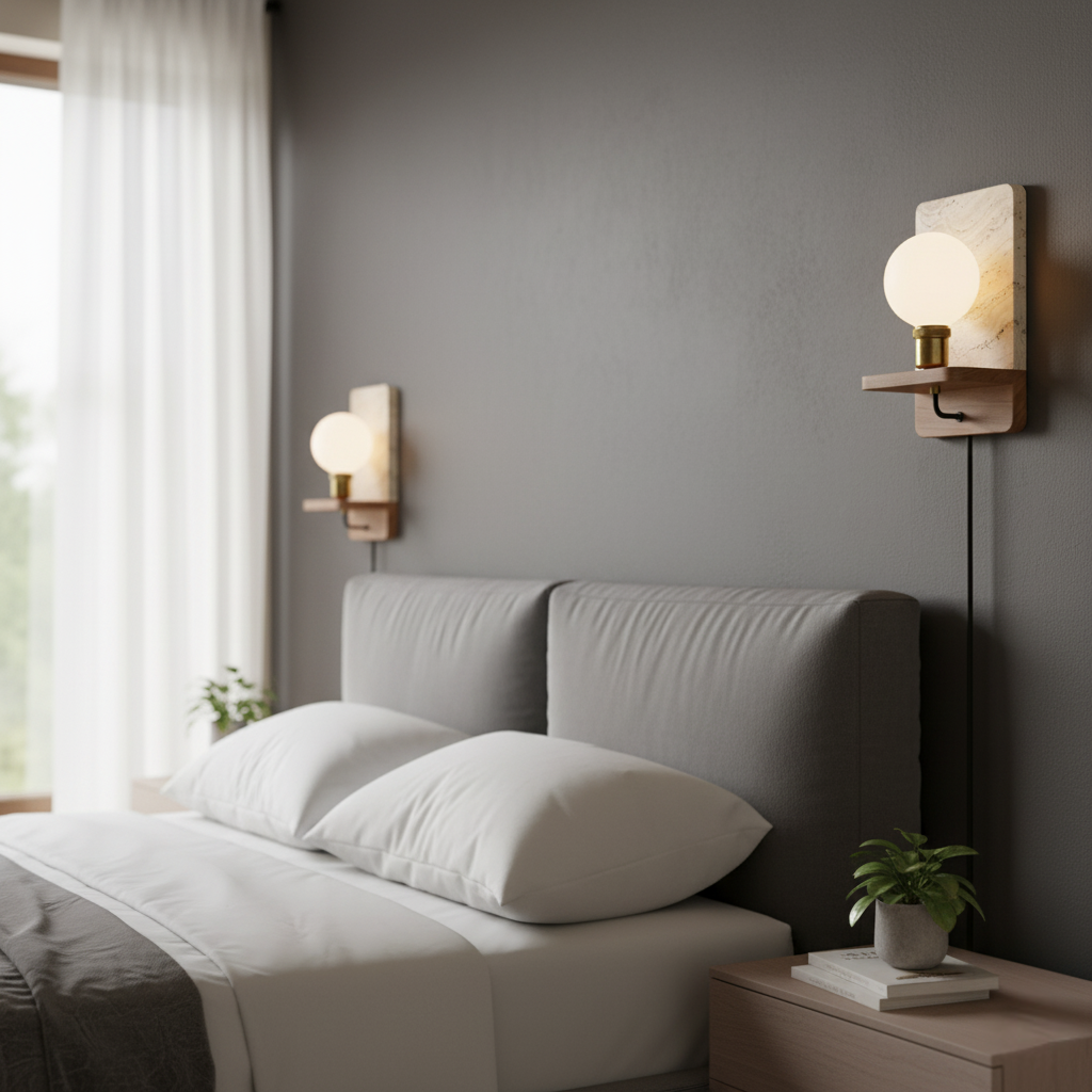 Travertine Stone Wall Light with Wooden Base and E27 Socket
