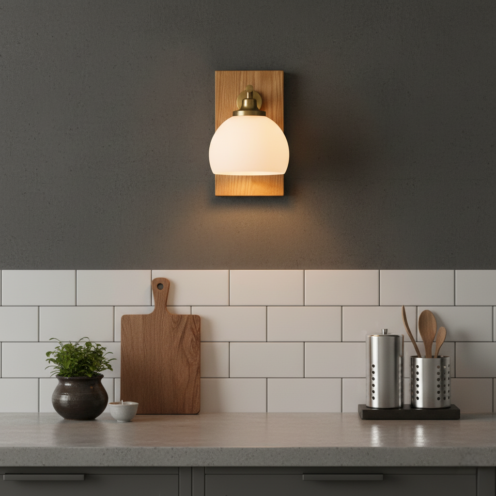 Wall Lamp with Wooden Plate and Frosted Glass Shade