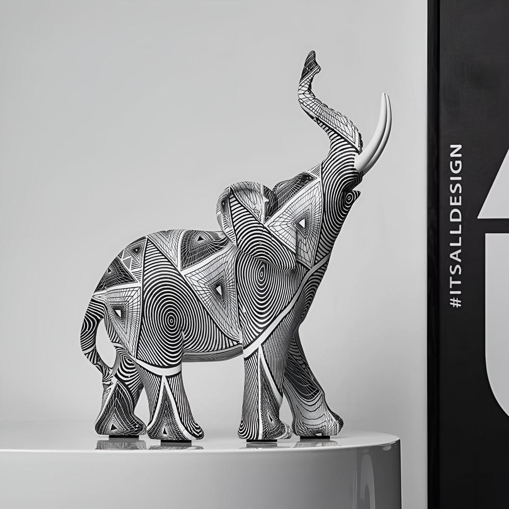 Black & White Elephant Figurine – Spiral Pattern Resin Decor Piece
