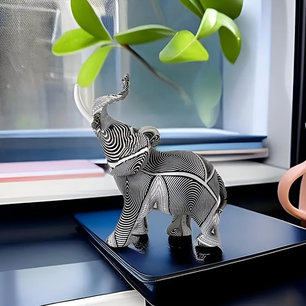 Black & White Elephant Figurine – Spiral Pattern Resin Decor Piece