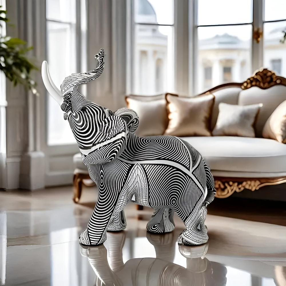 Black & White Elephant Figurine – Spiral Pattern Resin Decor Piece