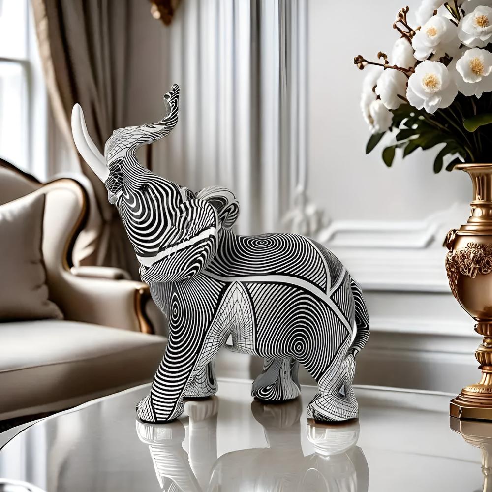 Black & White Elephant Figurine – Spiral Pattern Resin Decor Piece