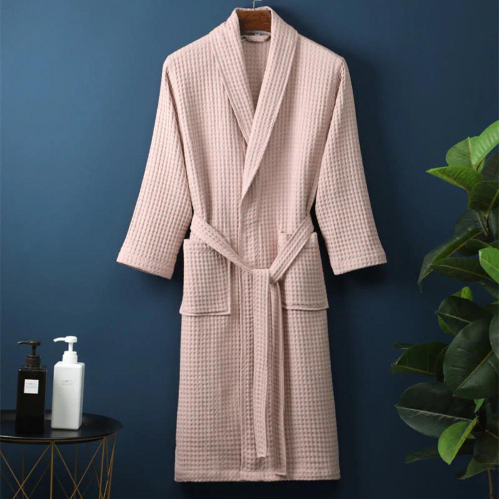 Cotton Waffle V-Neck Bathrobe – Lightweight Robe with Pockets and Waist Tie