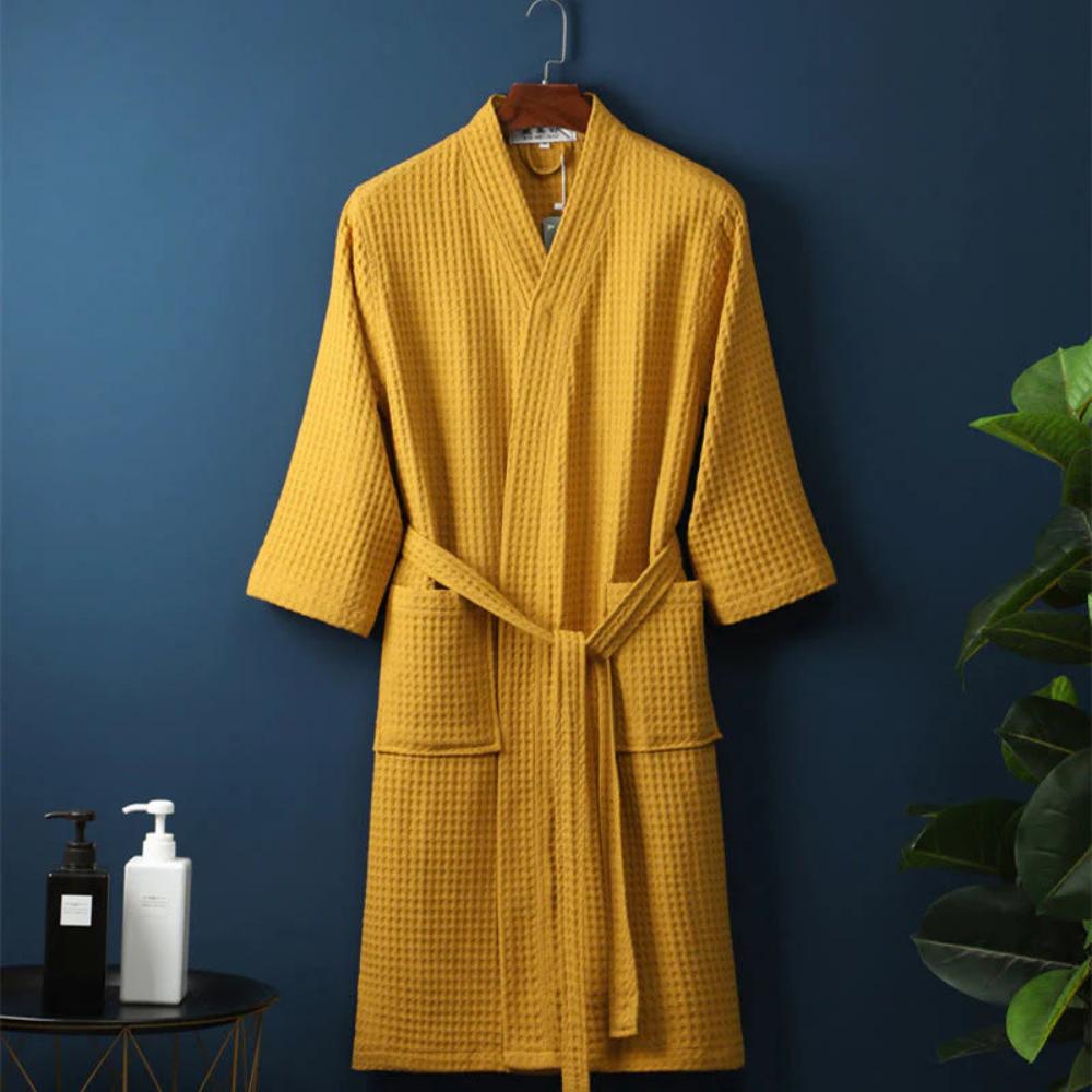 Cotton Waffle V-Neck Bathrobe – Lightweight Robe with Pockets and Waist Tie
