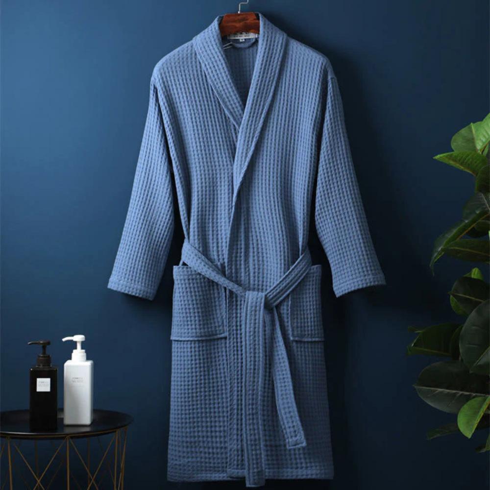 Cotton Waffle V-Neck Bathrobe – Lightweight Robe with Pockets and Waist Tie