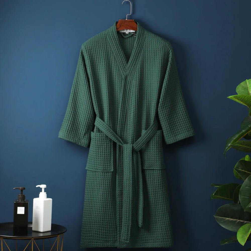 Cotton Waffle V-Neck Bathrobe – Lightweight Robe with Pockets and Waist Tie