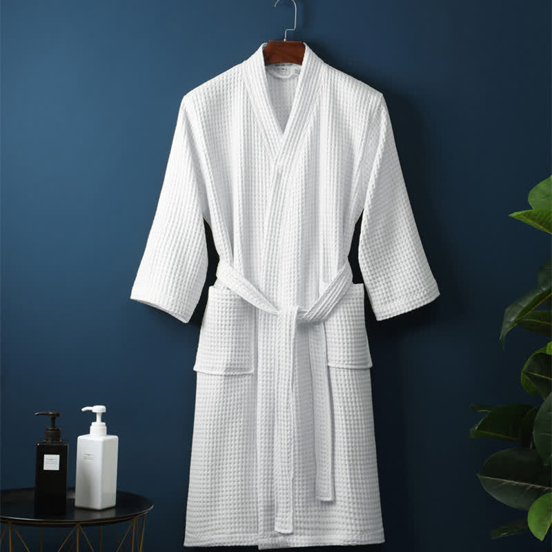 Cotton Waffle V-Neck Bathrobe – Lightweight Robe with Pockets and Waist Tie