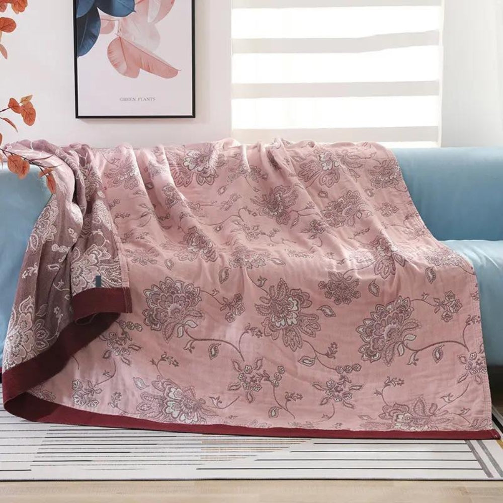 Floral Dream Comfort Blanket – 100% Cotton Five-Layer Gauze Throw with Floral Pattern
