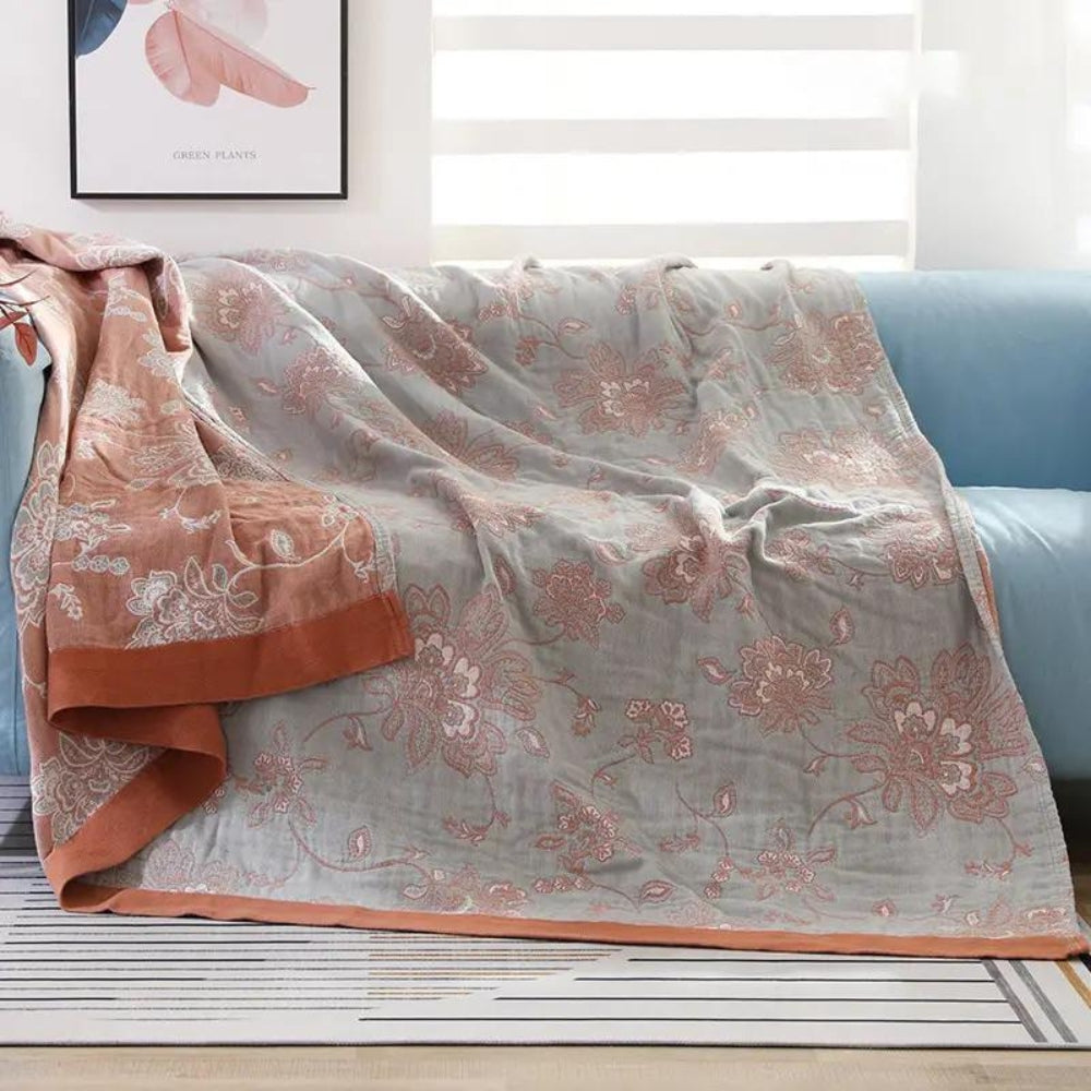Floral Dream Comfort Blanket – 100% Cotton Five-Layer Gauze Throw with Floral Pattern