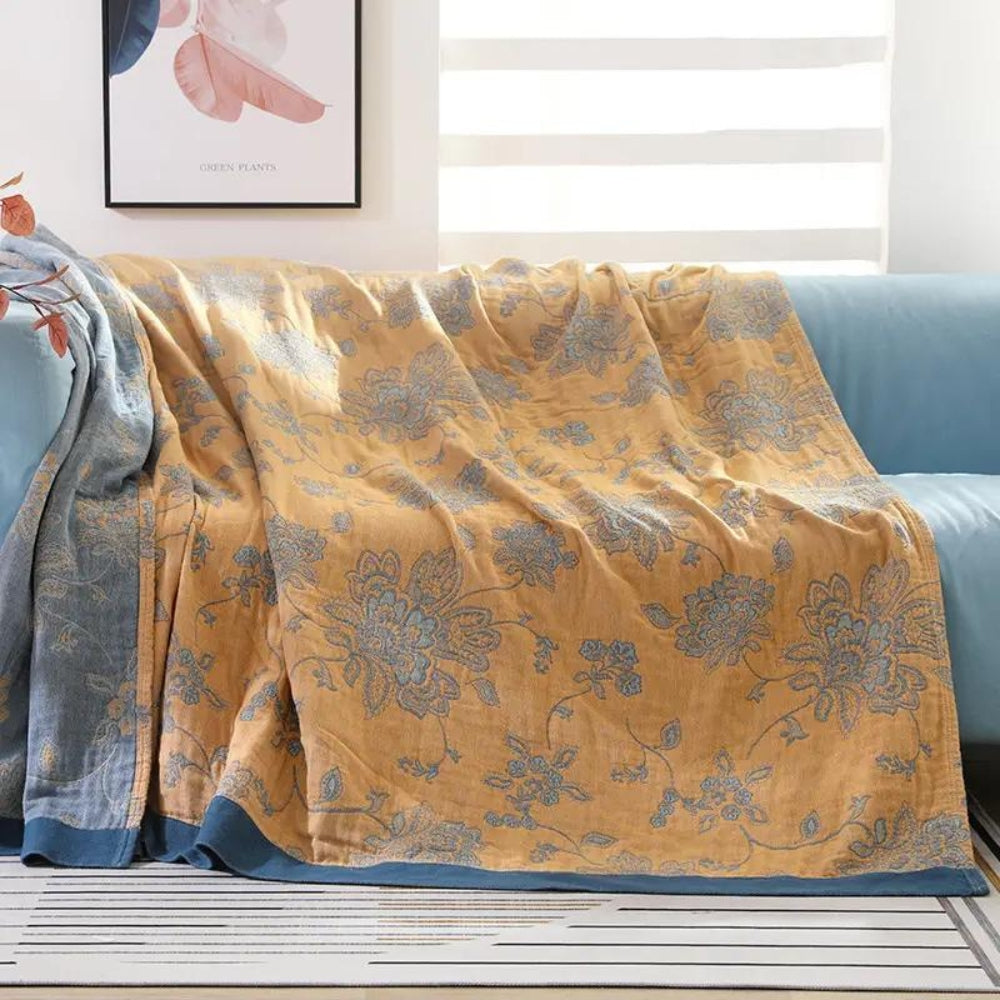 Floral Dream Comfort Blanket – 100% Cotton Five-Layer Gauze Throw with Floral Pattern