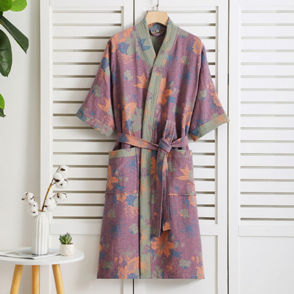 Rosebud Elegance Bathrobe – Lightweight Cotton Gauze Robe with Retro Floral Print
