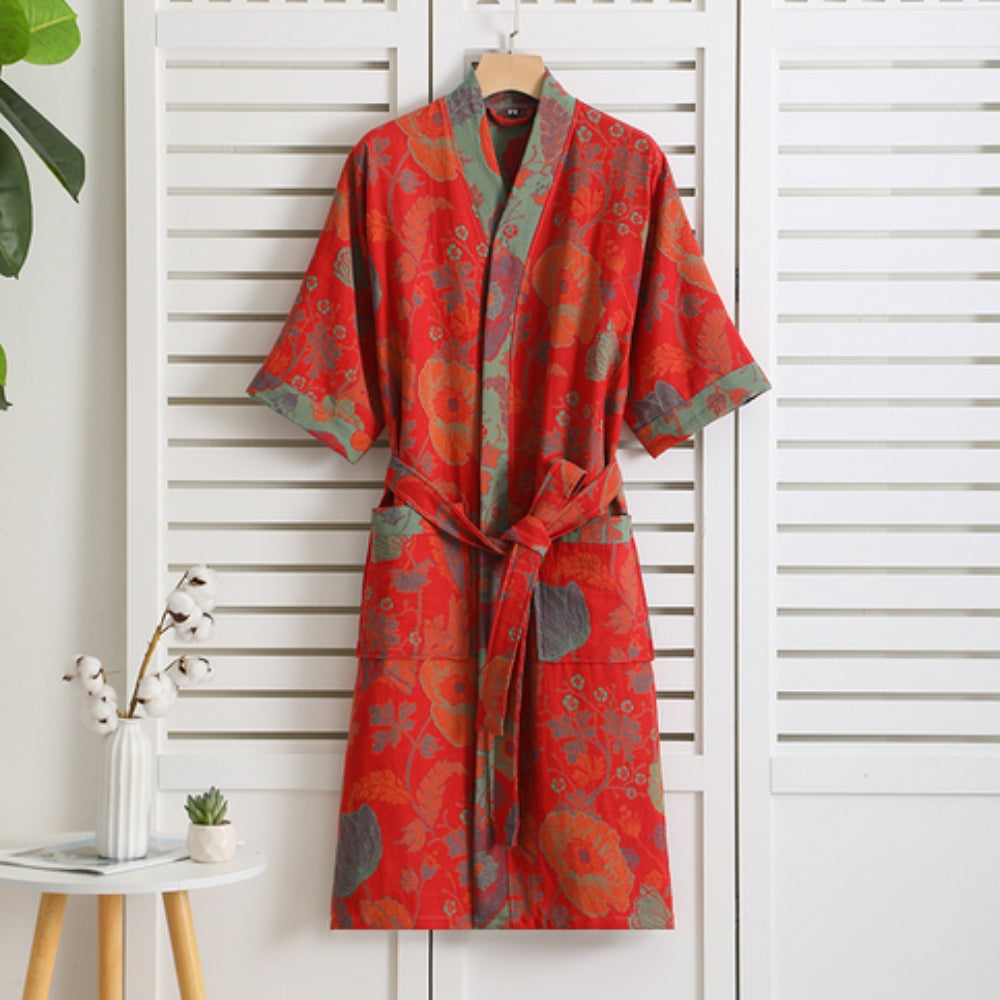 Rosebud Elegance Bathrobe – Lightweight Cotton Gauze Robe with Retro Floral Print