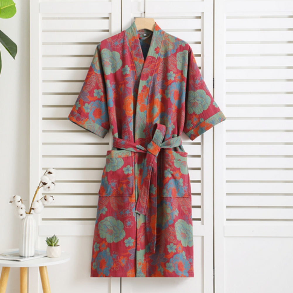 Rosebud Elegance Bathrobe – Lightweight Cotton Gauze Robe with Retro Floral Print