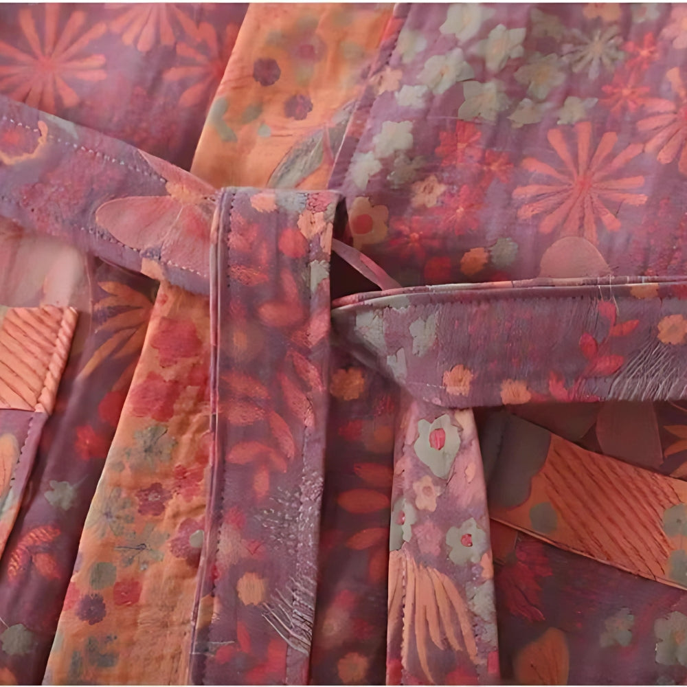 Rosebud Elegance Bathrobe – Lightweight Cotton Gauze Robe with Retro Floral Print