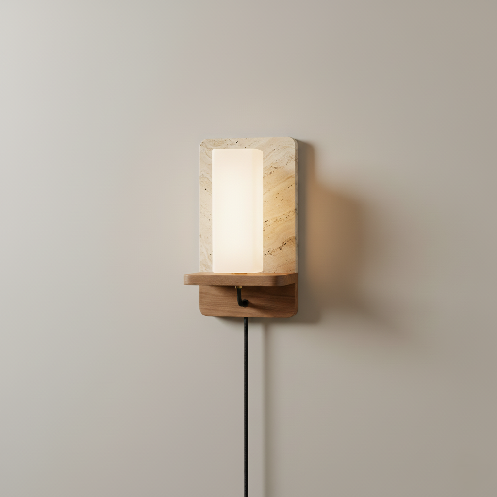 Travertine Stone Wall Light with Wooden Base and E27 Socket