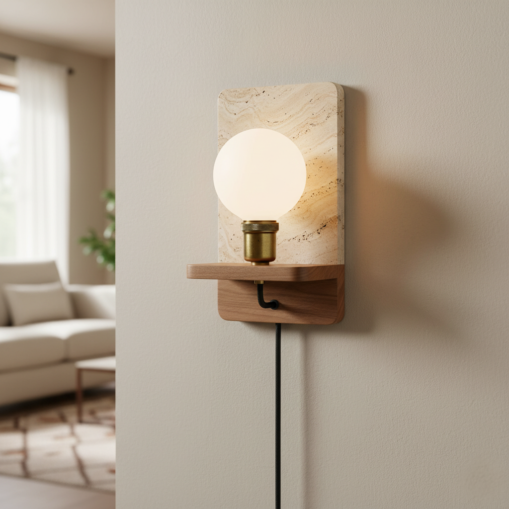 Travertine Stone Wall Light with Wooden Base and E27 Socket