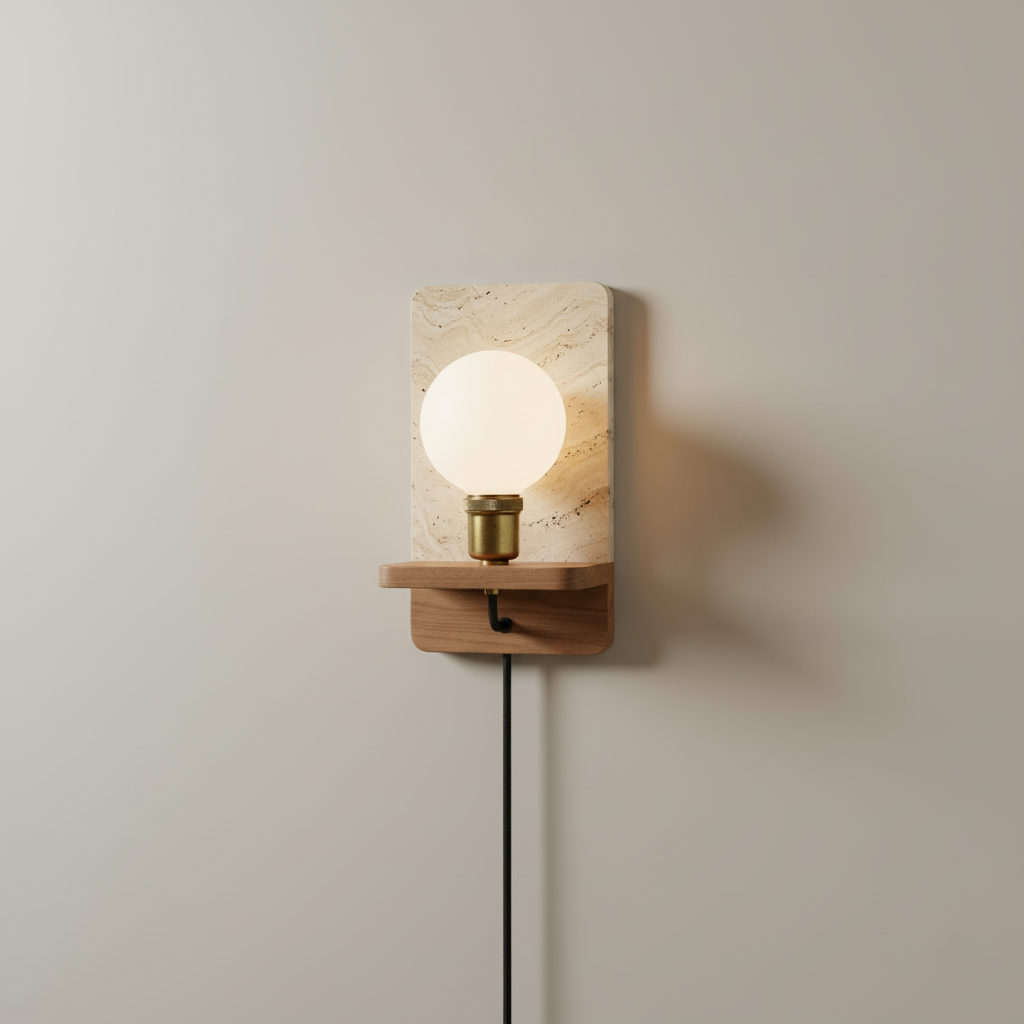 Travertine Stone Wall Light with Wooden Base and E27 Socket