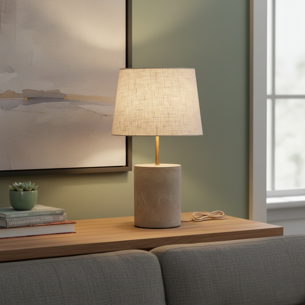 Table Lamp with Cement Base and White Beige Textile Shade for Indoor and Covered Outdoor Use