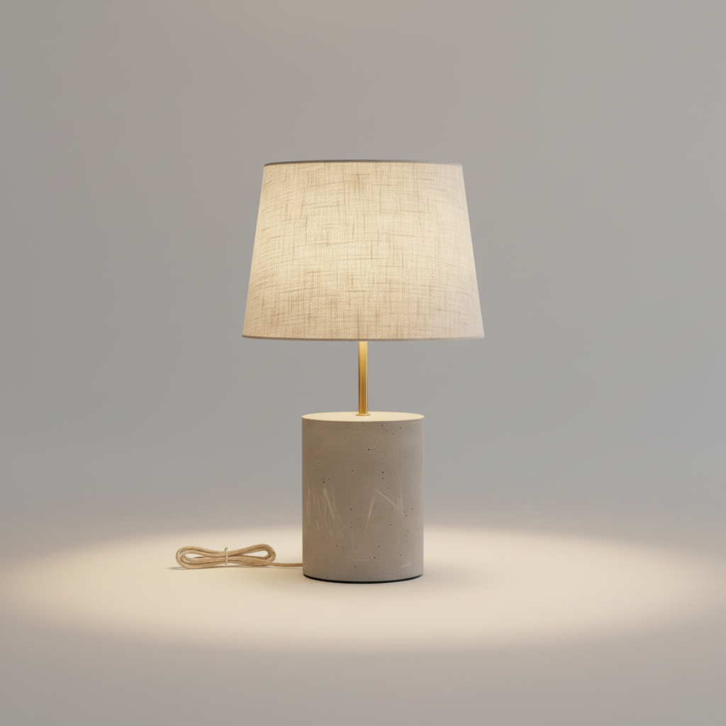 Table Lamp with Cement Base and White Beige Textile Shade for Indoor and Covered Outdoor Use