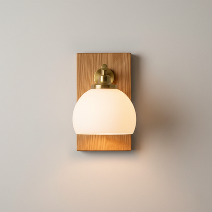 Wall Lamp with Wooden Plate and Frosted Glass Shade