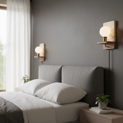 Travertine Stone Wall Light with Wooden Base and E27 Socket