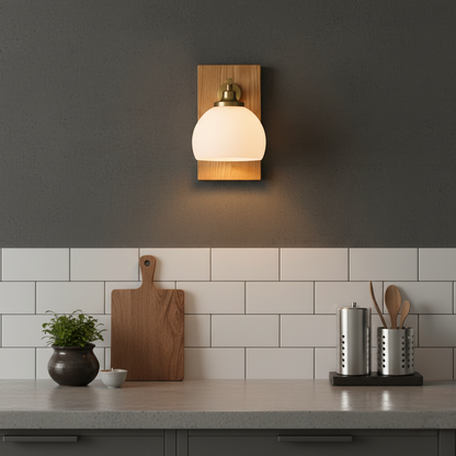 Wall Lamp with Wooden Plate and Frosted Glass Shade