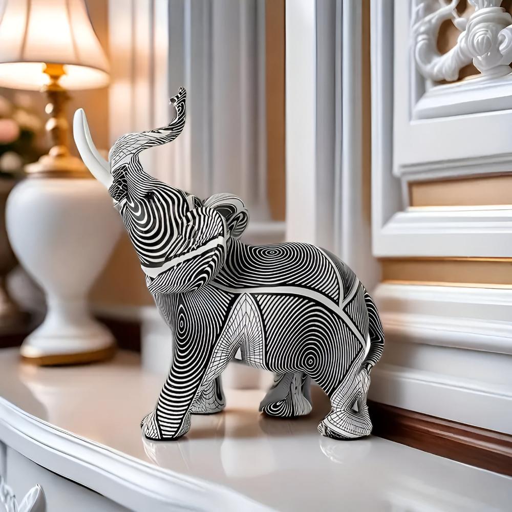 Black & White Elephant Figurine – Spiral Pattern Resin Decor Piece