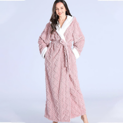 Long Hooded Plush Robe – Soft Bathrobe with Pockets for Home Comfort