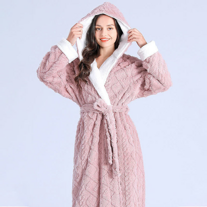 Long Hooded Plush Robe – Soft Bathrobe with Pockets for Home Comfort