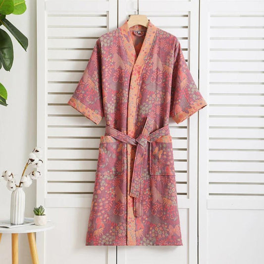 Rosebud Elegance Bathrobe – Lightweight Cotton Gauze Robe with Retro Floral Print