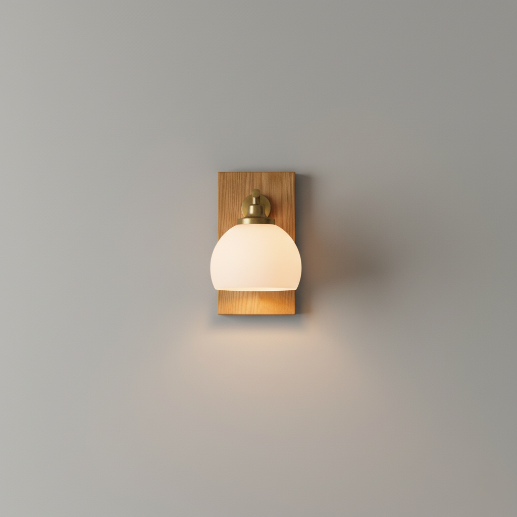 Wall Lamp with Wooden Plate and Frosted Glass Shade