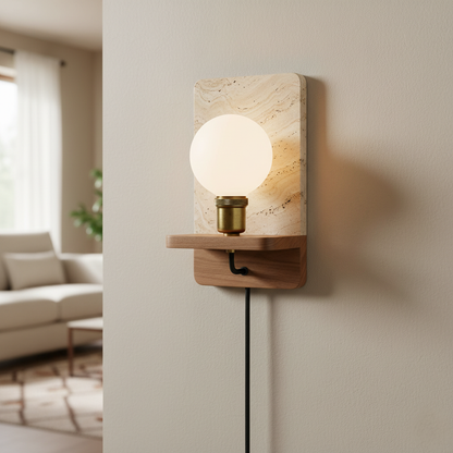Travertine Stone Wall Light with Wooden Base and E27 Socket