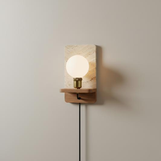 Travertine Stone Wall Light with Wooden Base and E27 Socket