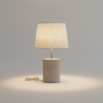 Table Lamp with Cement Base and White Beige Textile Shade for Indoor and Covered Outdoor Use
